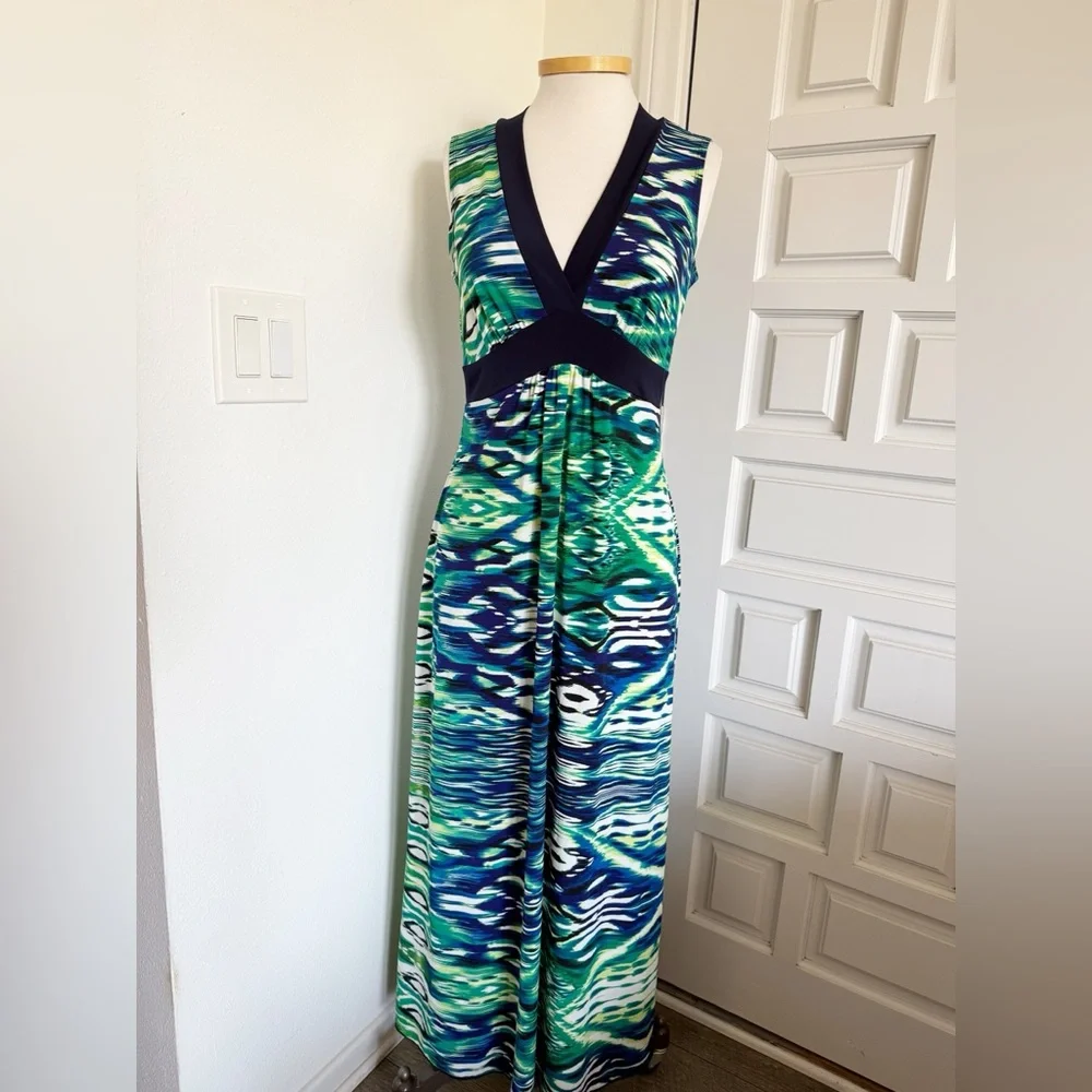 Enfocus Studio Maxi Dress Vibrant Green Blue White V-Neck Sleeveless Size 10